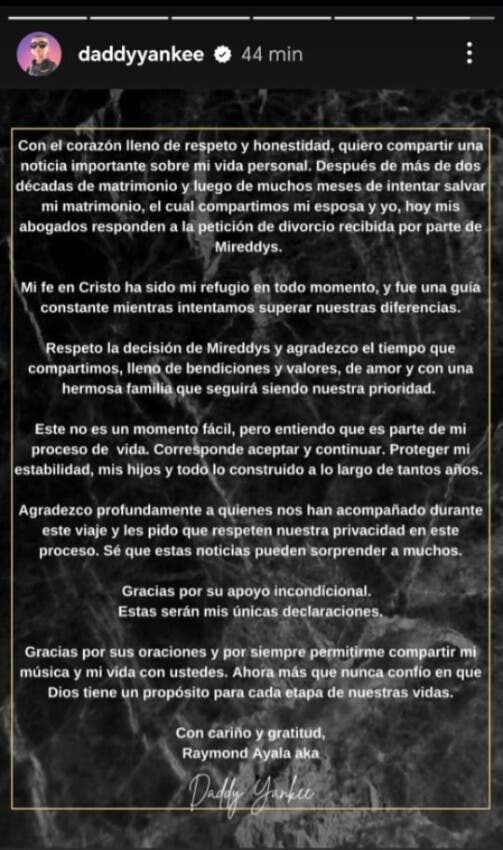 “Mi fe en Cristo ha sido mi refugio en todo momento, y fue una guía constante mientras intentamos superar nuestras diferencias”, manifestó Daddy Yankee, cuyo nombre de pila es Raymond Ayala, quien abandonó su carrera para asumir de lleno el cristianismo hace un año.