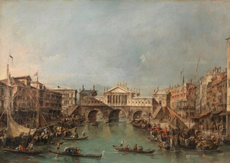 Imagen secundaria 1 - Arriba, 'La partida del Bucintoro', de Francesco Guardi. Sobre estas líneas, a la izquierda, 'El puente de Rialto según el proyecto de Palladio', de Francesco Guardi. A la derecha, 'Capricho arquitectónico', de Francesco Guardi