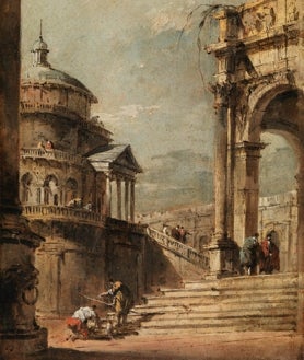 Imagen secundaria 2 - Arriba, 'La partida del Bucintoro', de Francesco Guardi. Sobre estas líneas, a la izquierda, 'El puente de Rialto según el proyecto de Palladio', de Francesco Guardi. A la derecha, 'Capricho arquitectónico', de Francesco Guardi