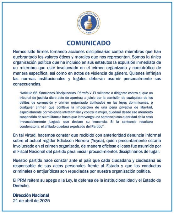 PRM responde tras denuncia contra regidor pedido en extradición por narcotráfico